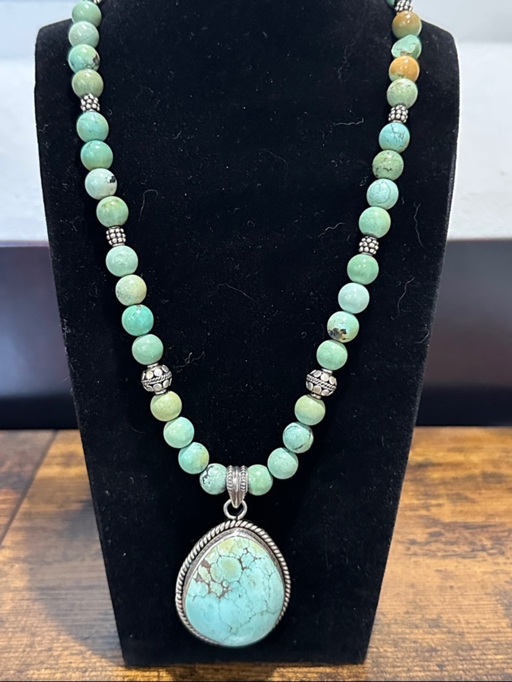 Handmade Turquoise Bead Necklace with Oval Turquoise Pendant